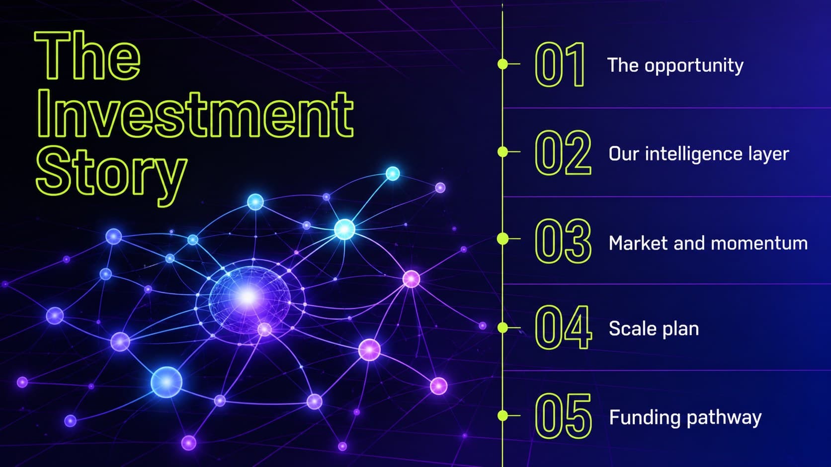 Agenda slide organizing the key sections of a futuristic AI investor presentation.