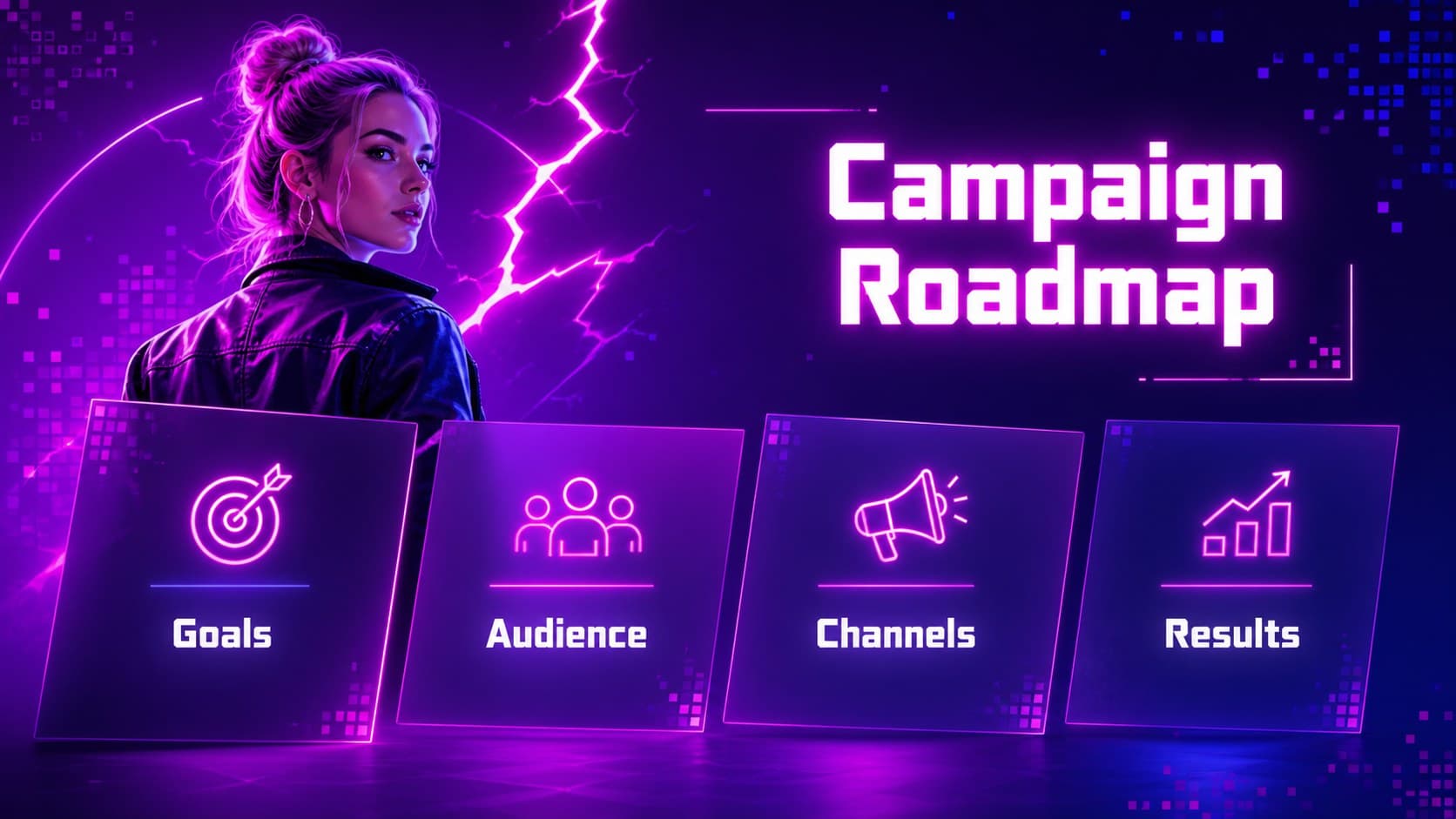 Neon anime campaign presentation agenda with colorful sections for goals, audience, channels, and results.