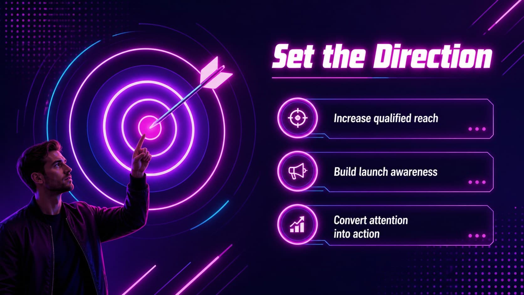 Campaign goals slide showing launch objectives and measurable outcomes in an illustrated neon marketing style.