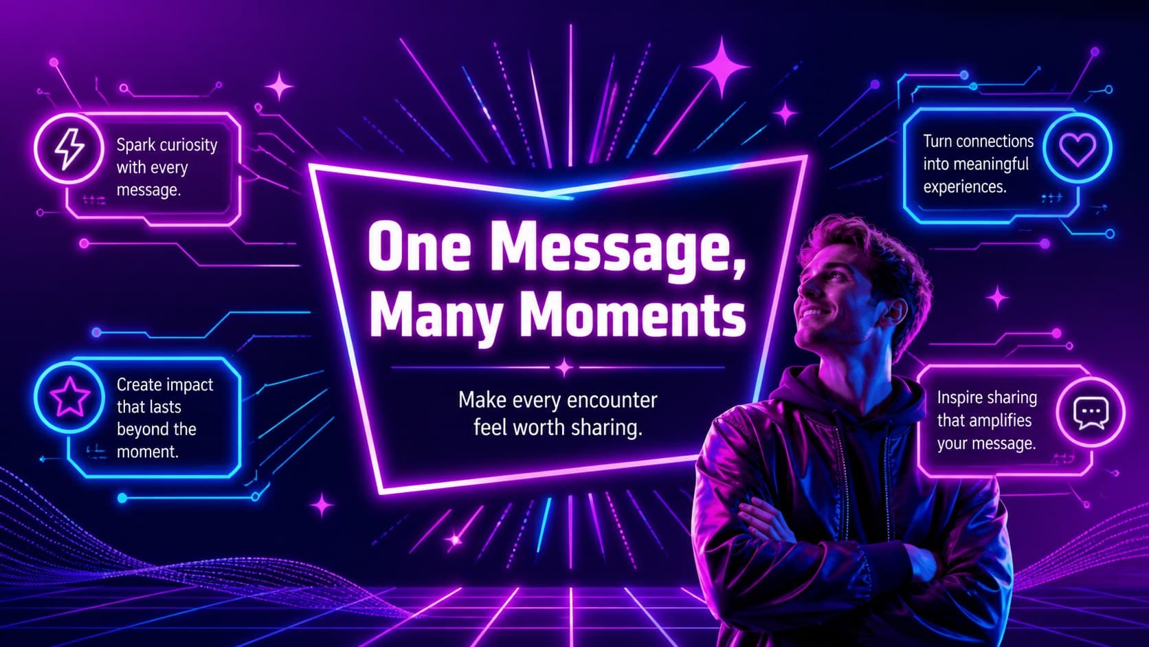 Brand message slide presenting a concise creative campaign idea with futuristic illustrated accents.