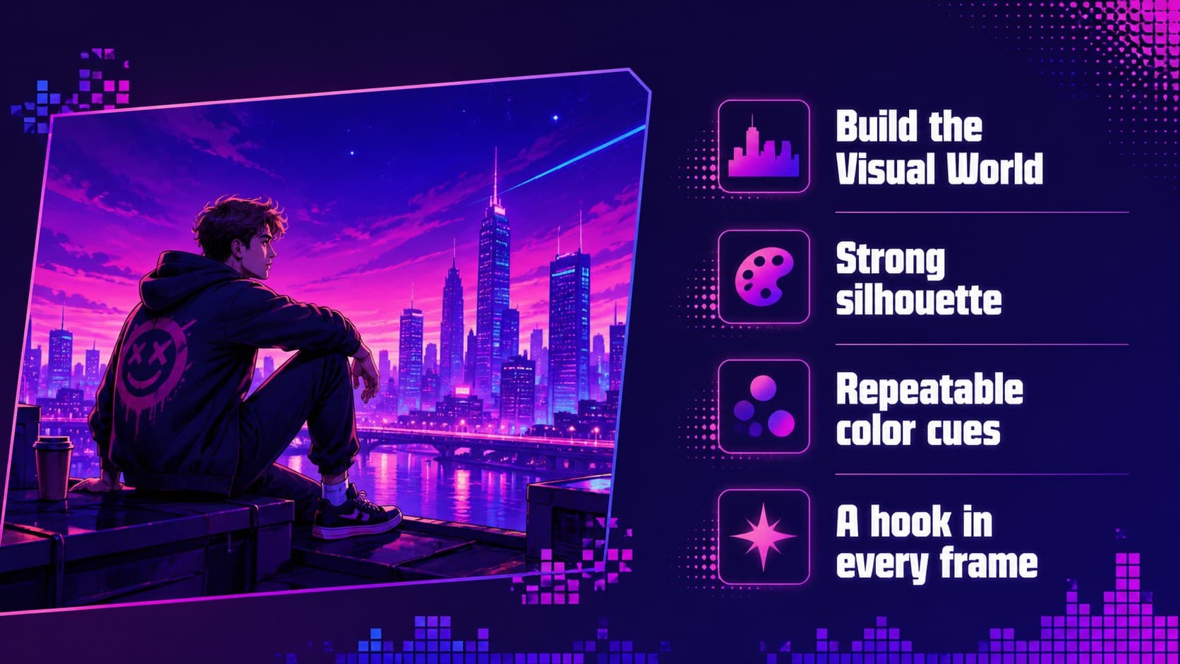 Content concept slide featuring an original neon illustration and a focused creative direction for campaign assets.