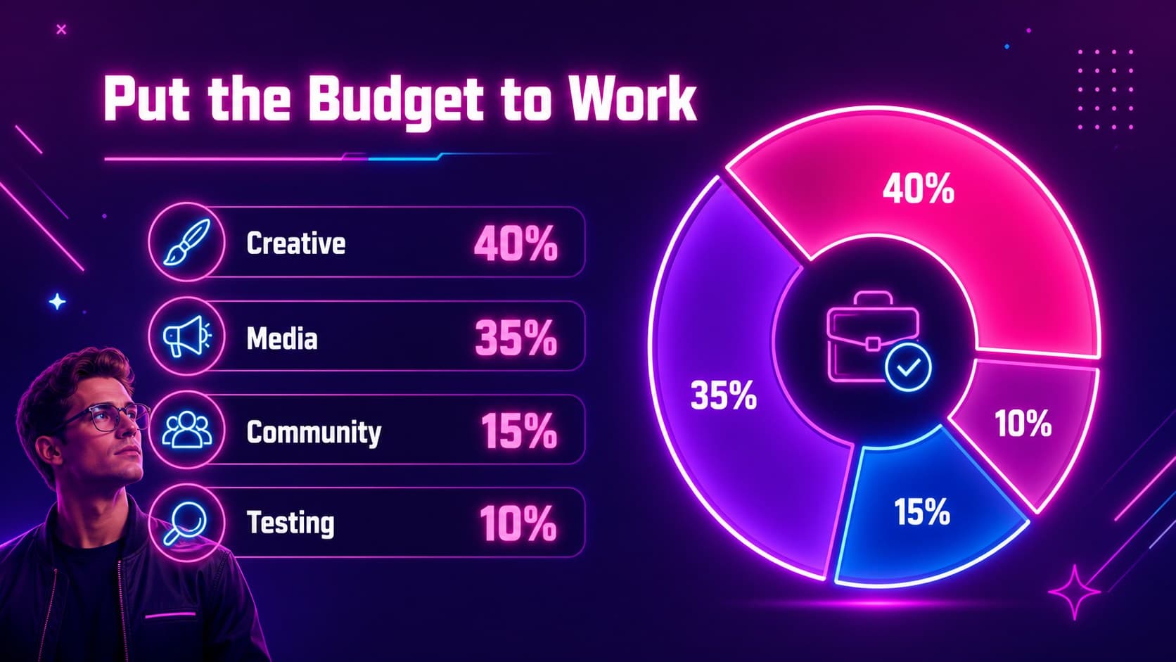 Budget allocation slide showing campaign investment categories with neon charts and clean marketing labels.