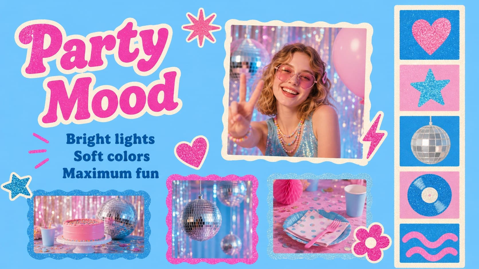 Y2K birthday party mood board slide with blue and pink decorations, pet stickers and retro celebration references.