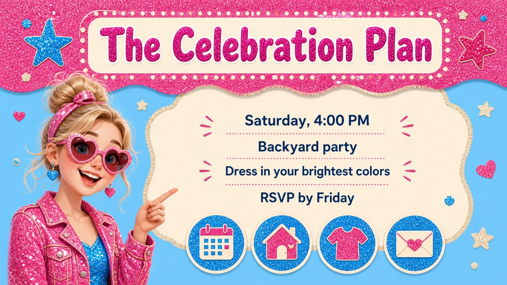 Birthday celebration presentation overview showing event details in a colorful retro party layout.