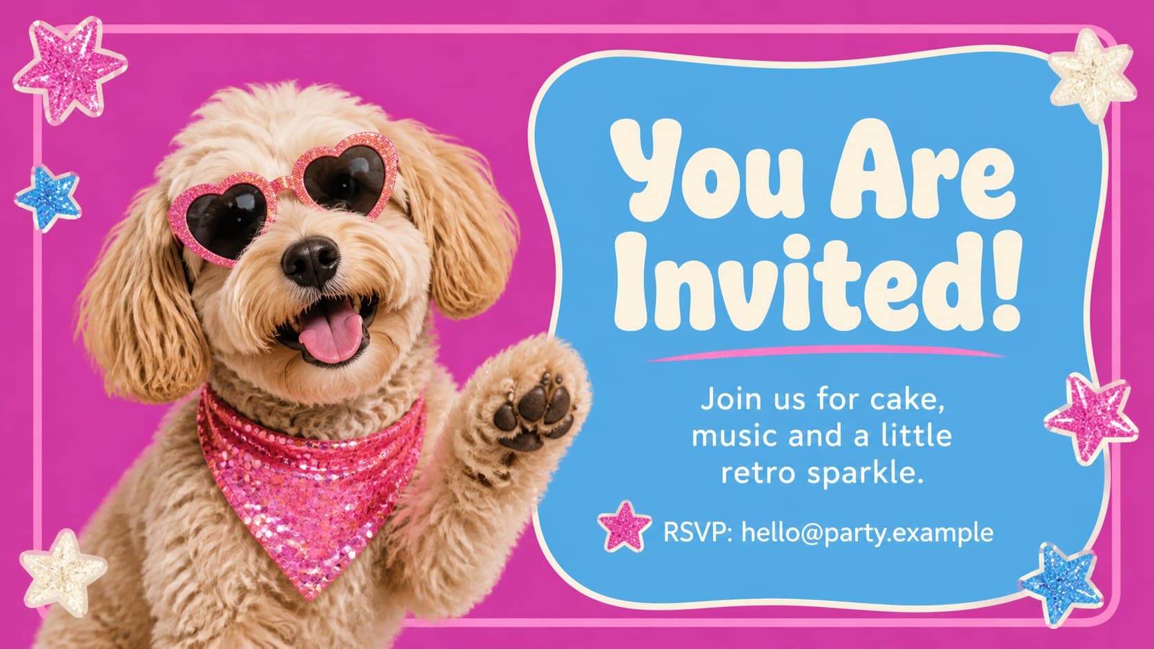 Retro birthday invitation slide with a colorful RSVP message and playful pet-themed decorations.