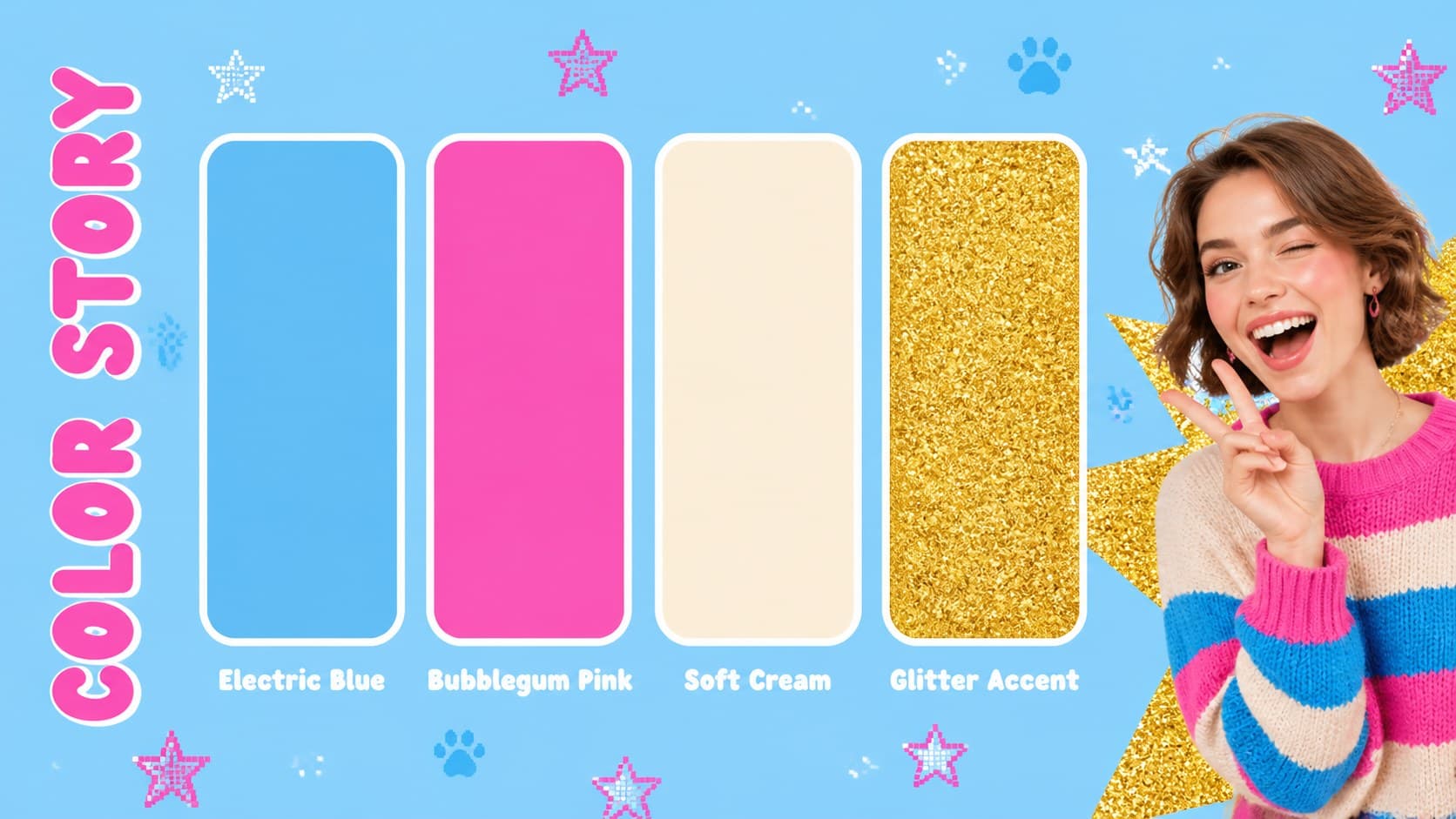 Blue and pink birthday party color palette slide with swatches and retro design samples.