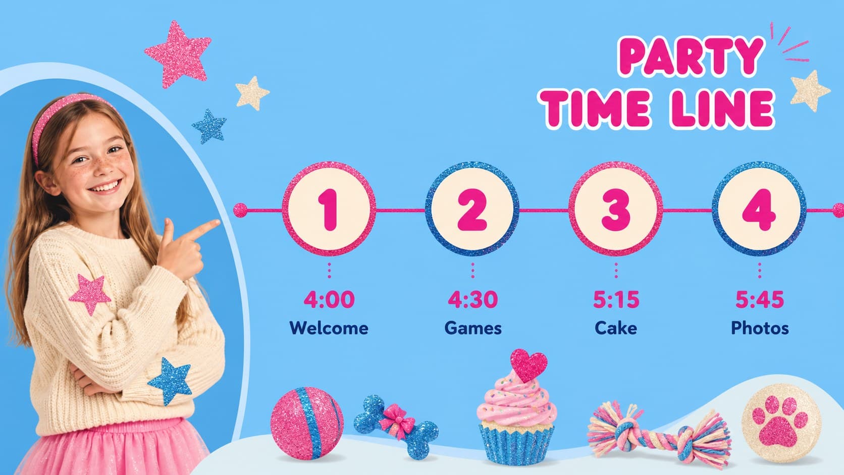 Kids birthday party activity schedule slide with timed games and colorful Y2K decorations.
