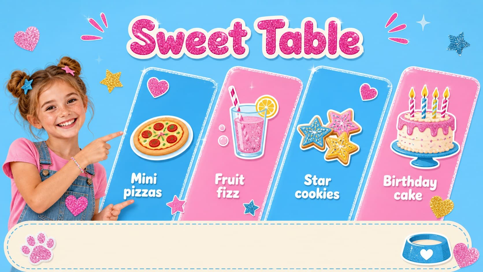 Retro birthday snack and dessert plan slide with bright labels, pet graphics and party menu ideas.