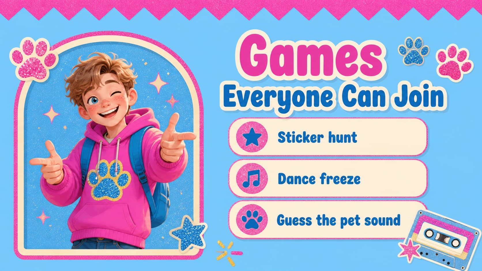 Cute pet birthday slideshow page featuring playful party games and colorful retro graphics.