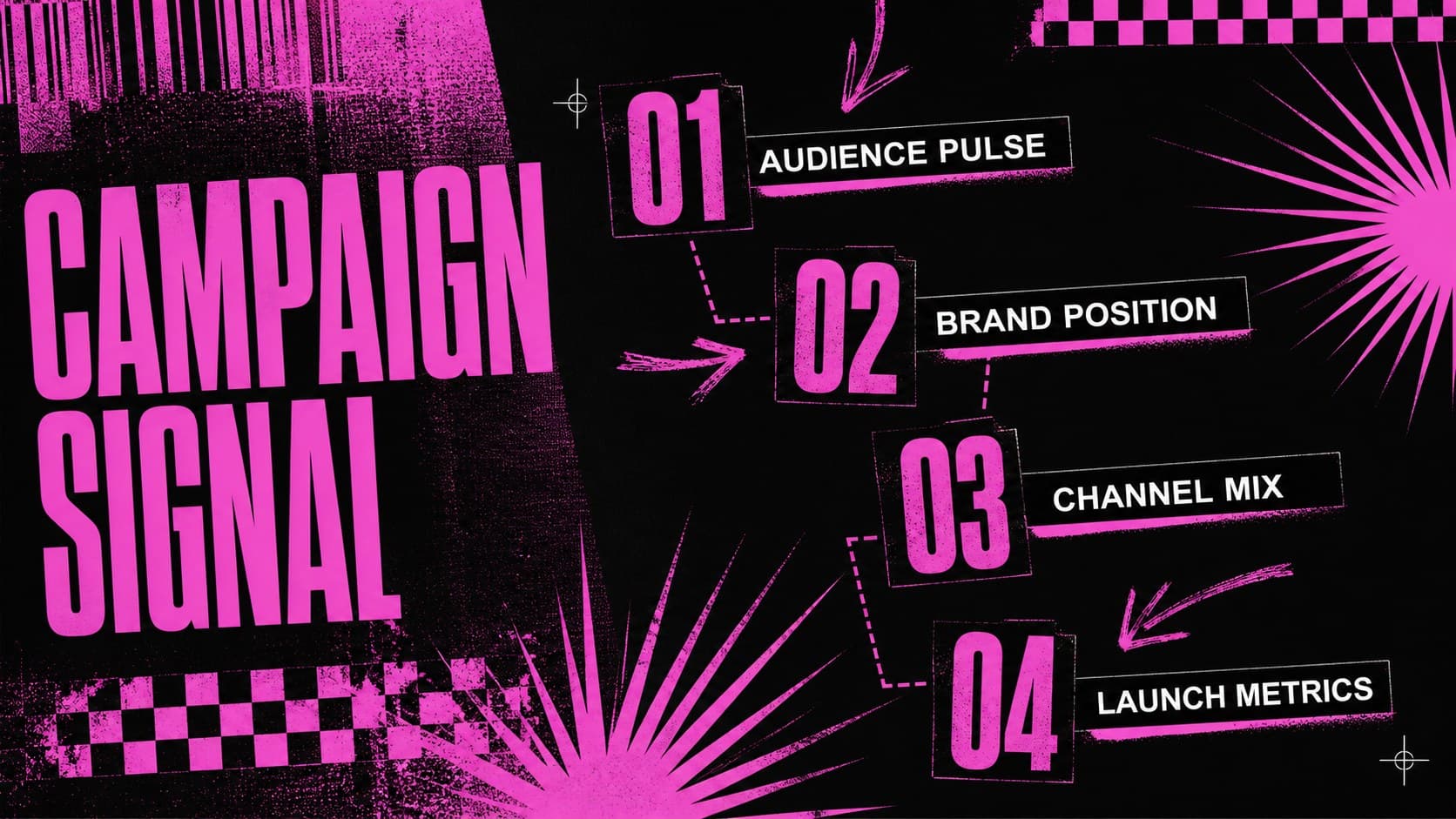 Campaign agenda slide from a neon marketing presentation with four bold planning topics arranged on a black and pink grid.