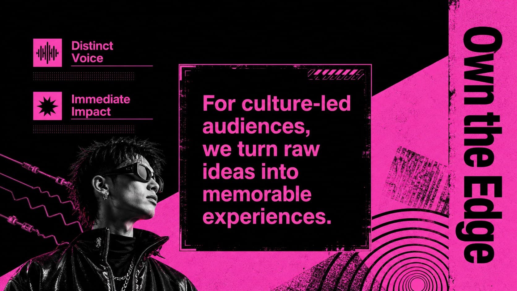 Black and pink campaign pitch slide presenting a concise brand positioning statement with angular neon graphics.