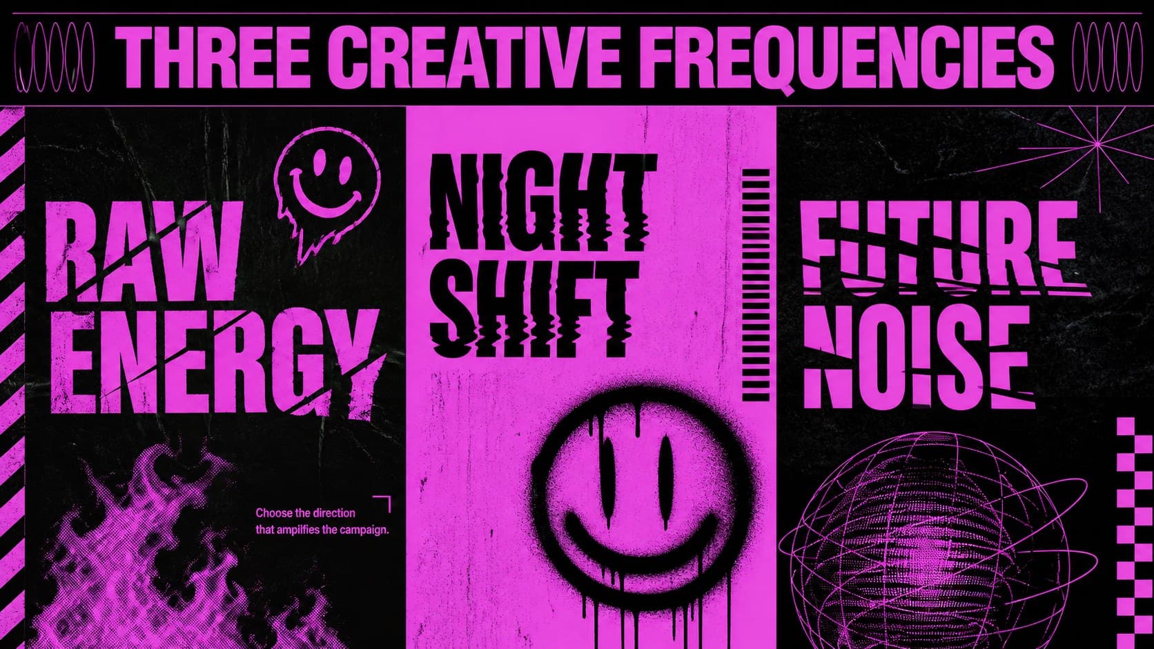 Rave-inspired marketing slide showing three campaign concept directions with maximalist pink and black visuals.