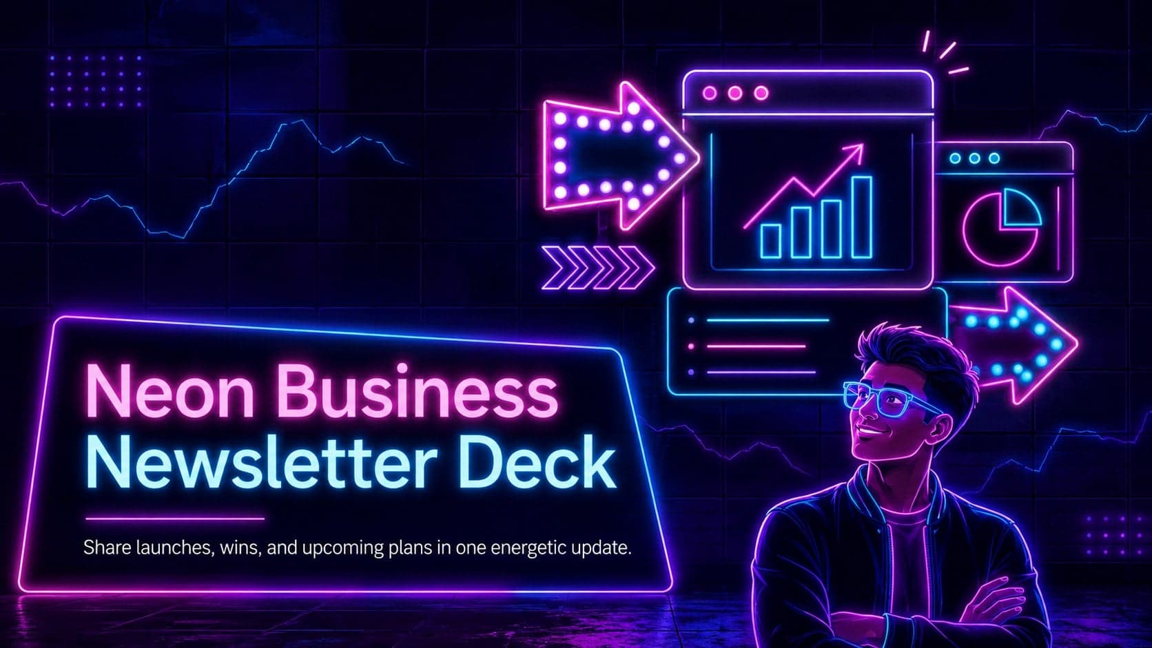 Cover of the Neon Business Newsletter Deck with purple and blue illuminated sign graphics.
