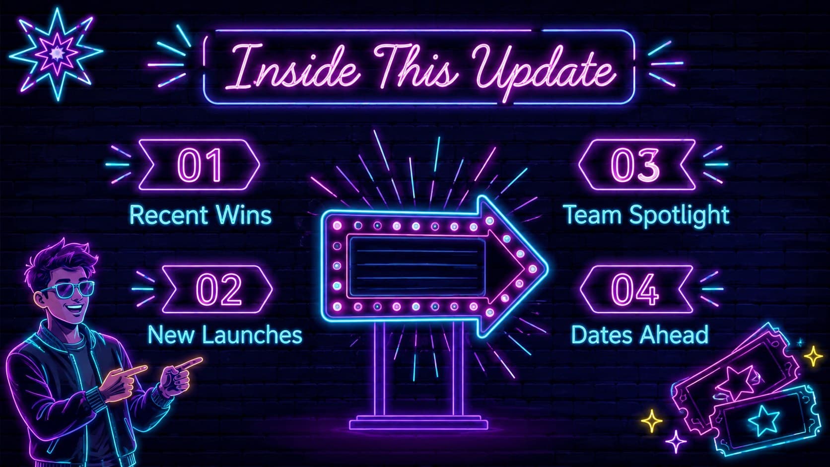 Neon business newsletter agenda listing updates, launches, team news, and upcoming dates.