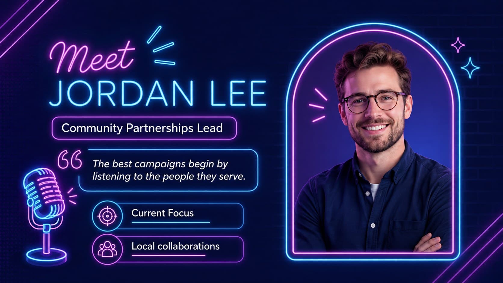 Creative company bulletin slide presenting a team member spotlight in neon styling.