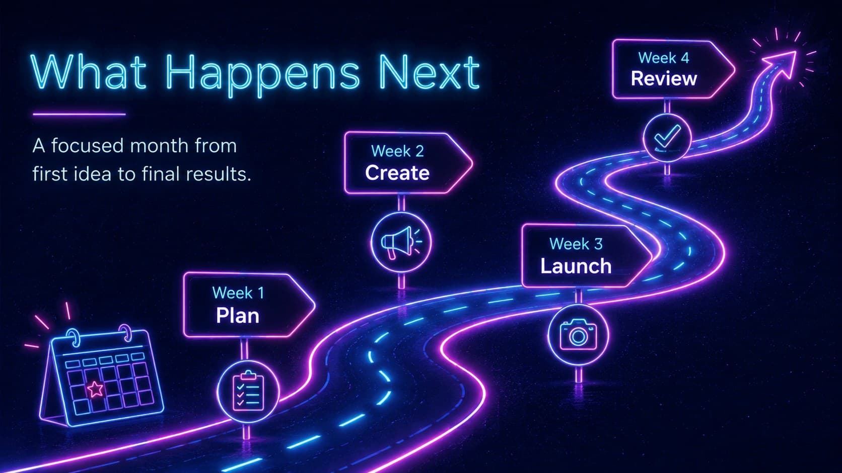 Purple blue marketing newsletter slides showing a four-step project timeline.