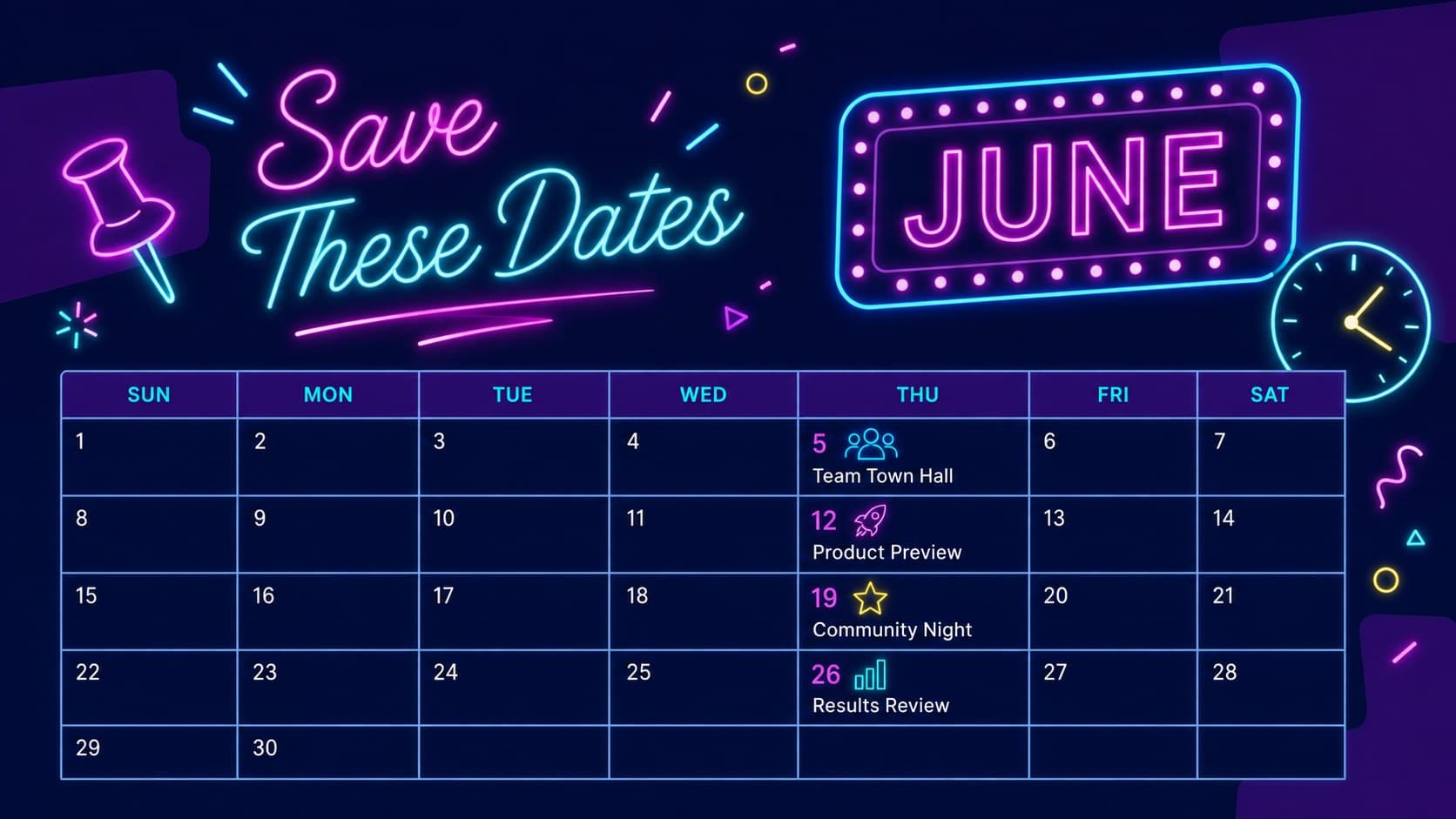 Monthly brand news presentation slide with a neon calendar of campaign dates.