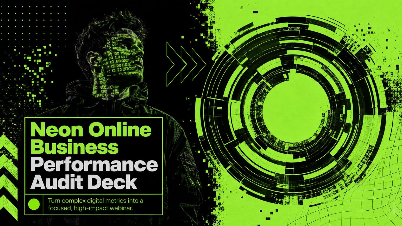 Cover for a neon online business performance audit deck with black and electric green acid-brutalist graphics.