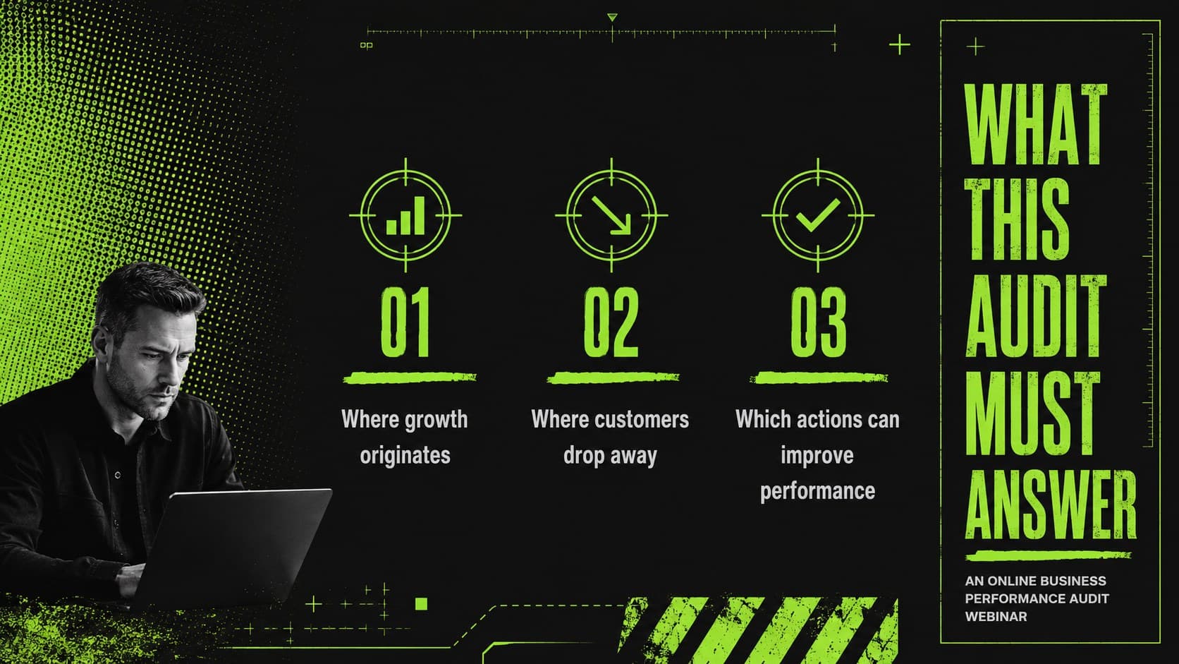 Acid-brutalist digital business performance presentation slide showing audit scope and objectives.