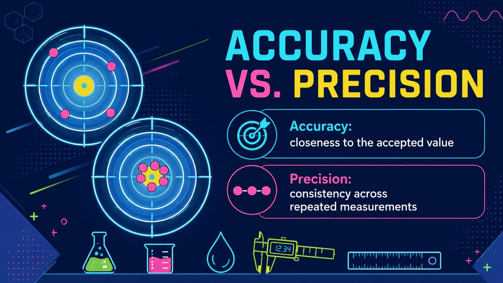 Accuracy and precision chemistry slide comparing clustered target diagrams for middle school students.