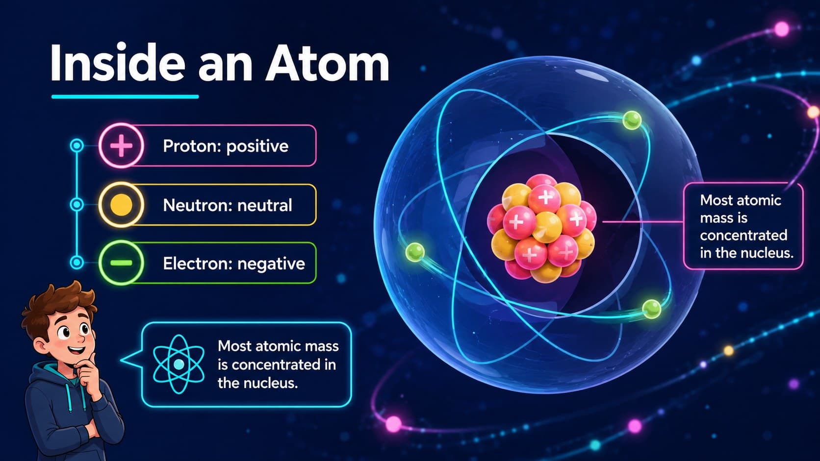 Atomic structure lesson slide labeling protons, neutrons, electrons, nucleus, and electron shells.