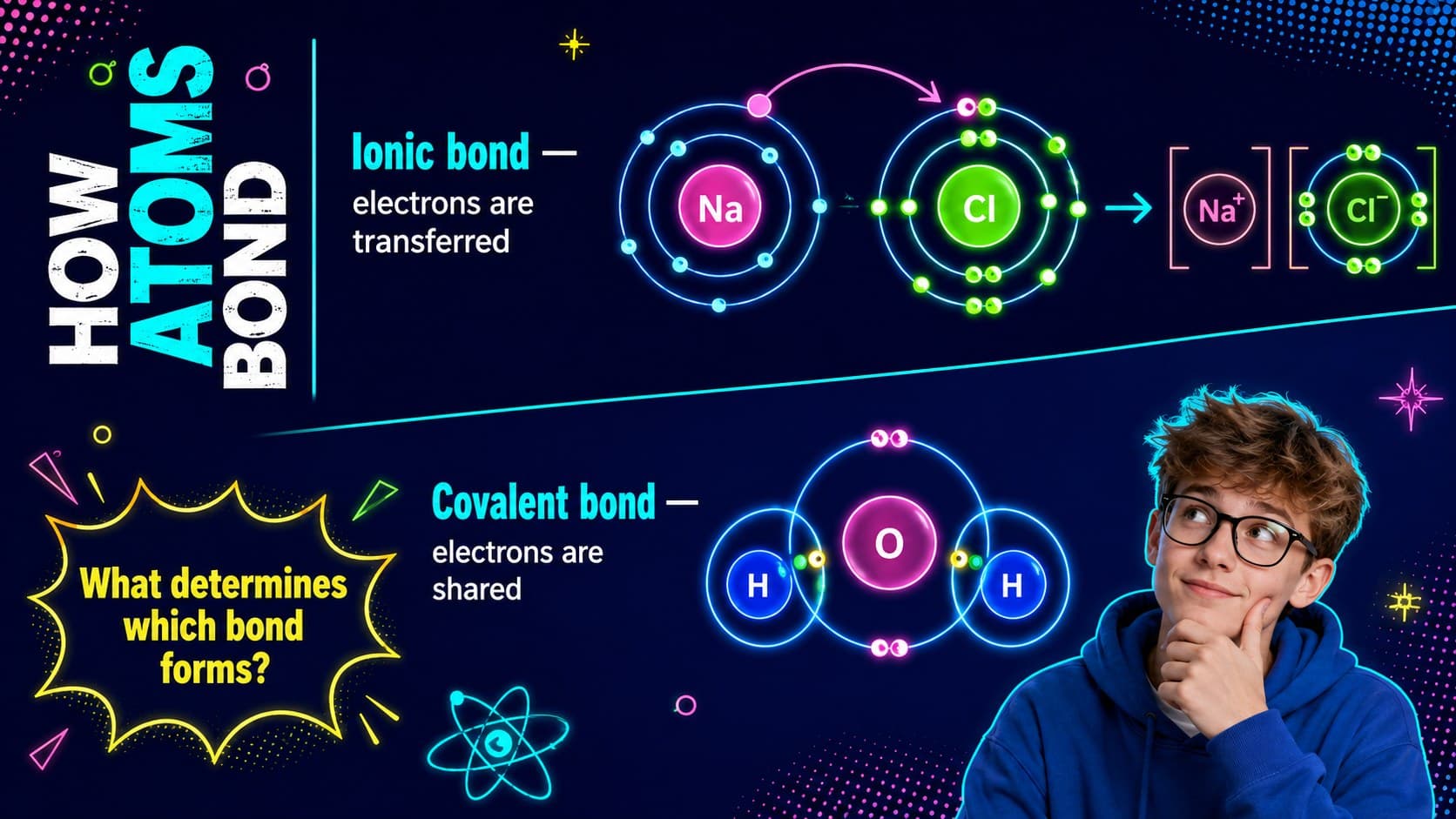 Chemical bonds classroom slide comparing electron transfer in ionic bonds with sharing in covalent bonds.