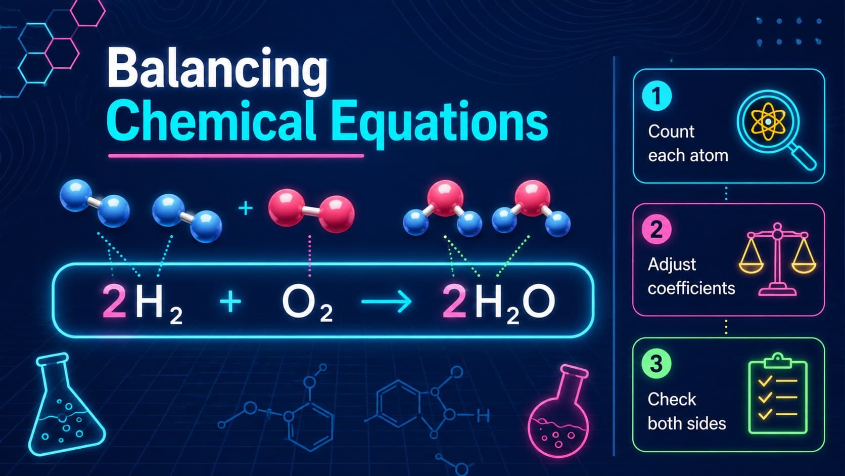 Chemical reactions lesson slide demonstrating how to balance a molecular equation step by step.