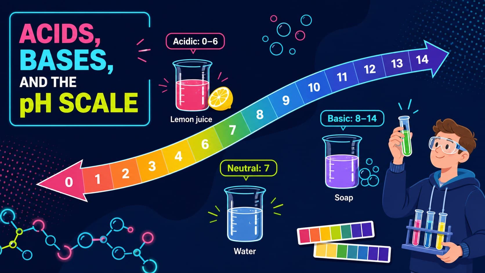 Acids and bases chemistry slide featuring a colorful pH scale with household substance examples.