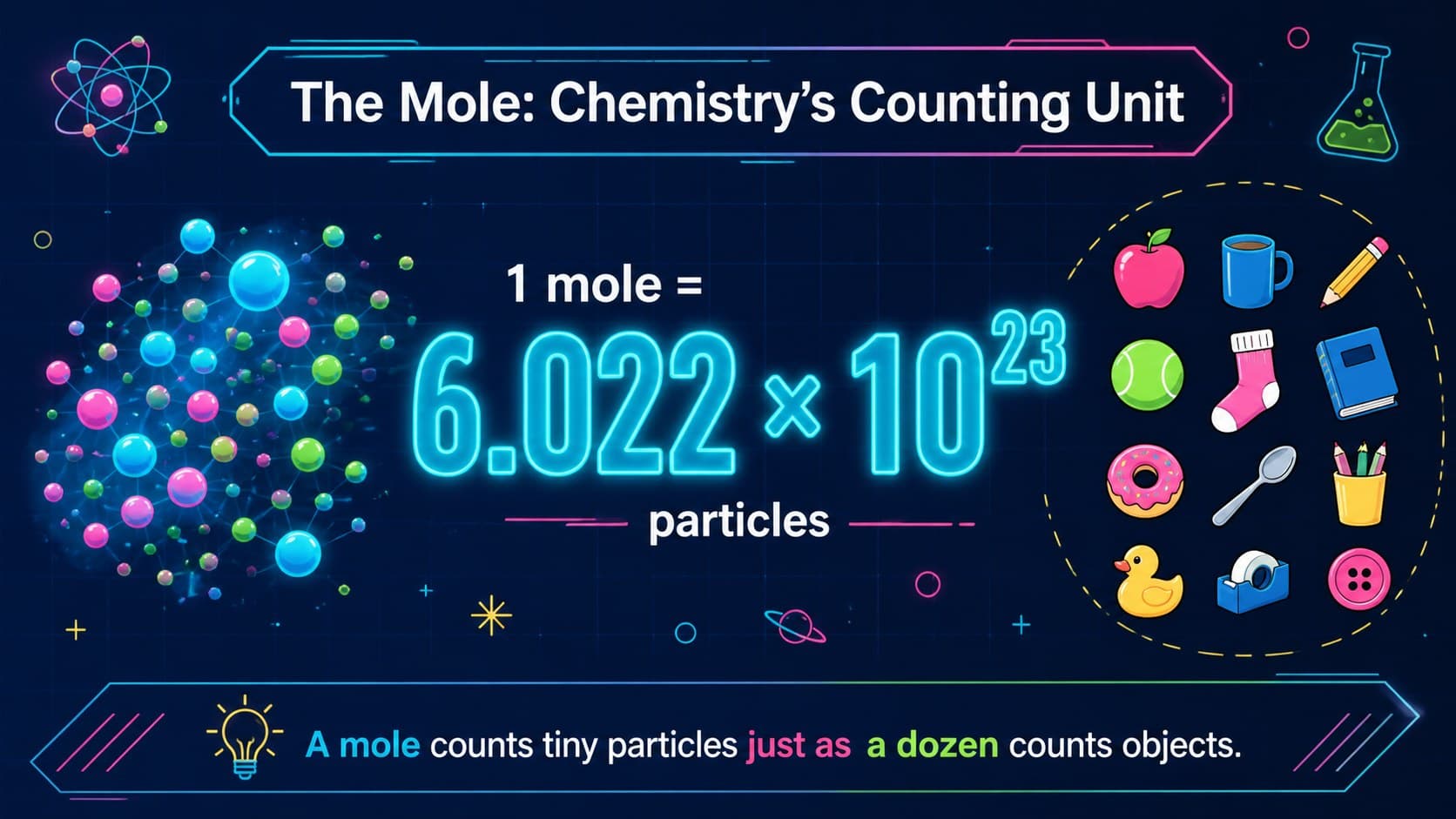 Mole concept chemistry presentation slide explaining Avogadro's number with particle group illustrations.