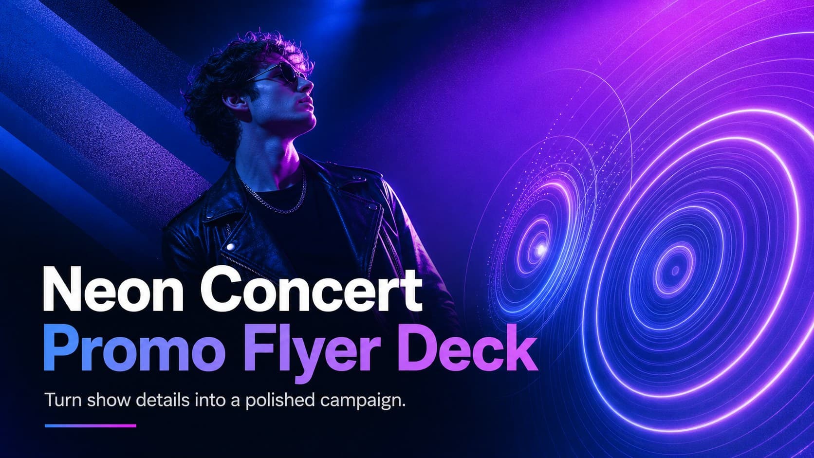 Neon concert promo flyer deck cover with electric blue and purple lighting, bold event typography, and abstract sound graphics.