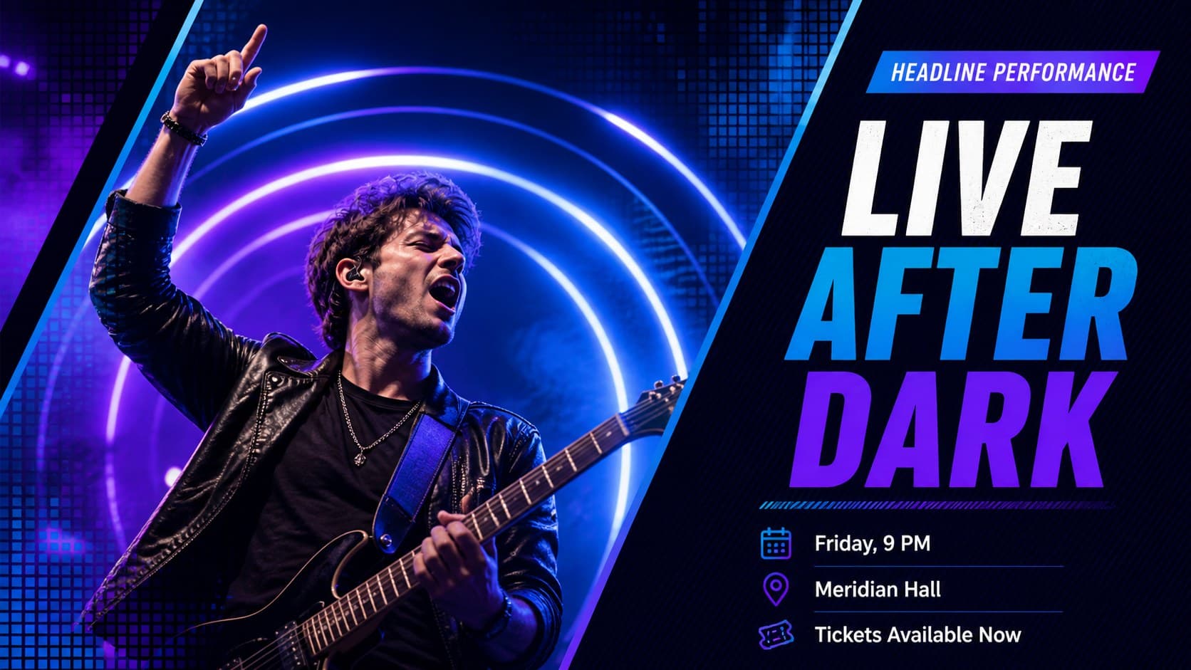 Blue and purple concert flyer template announcing a headline performance with date, venue, and ticket details.