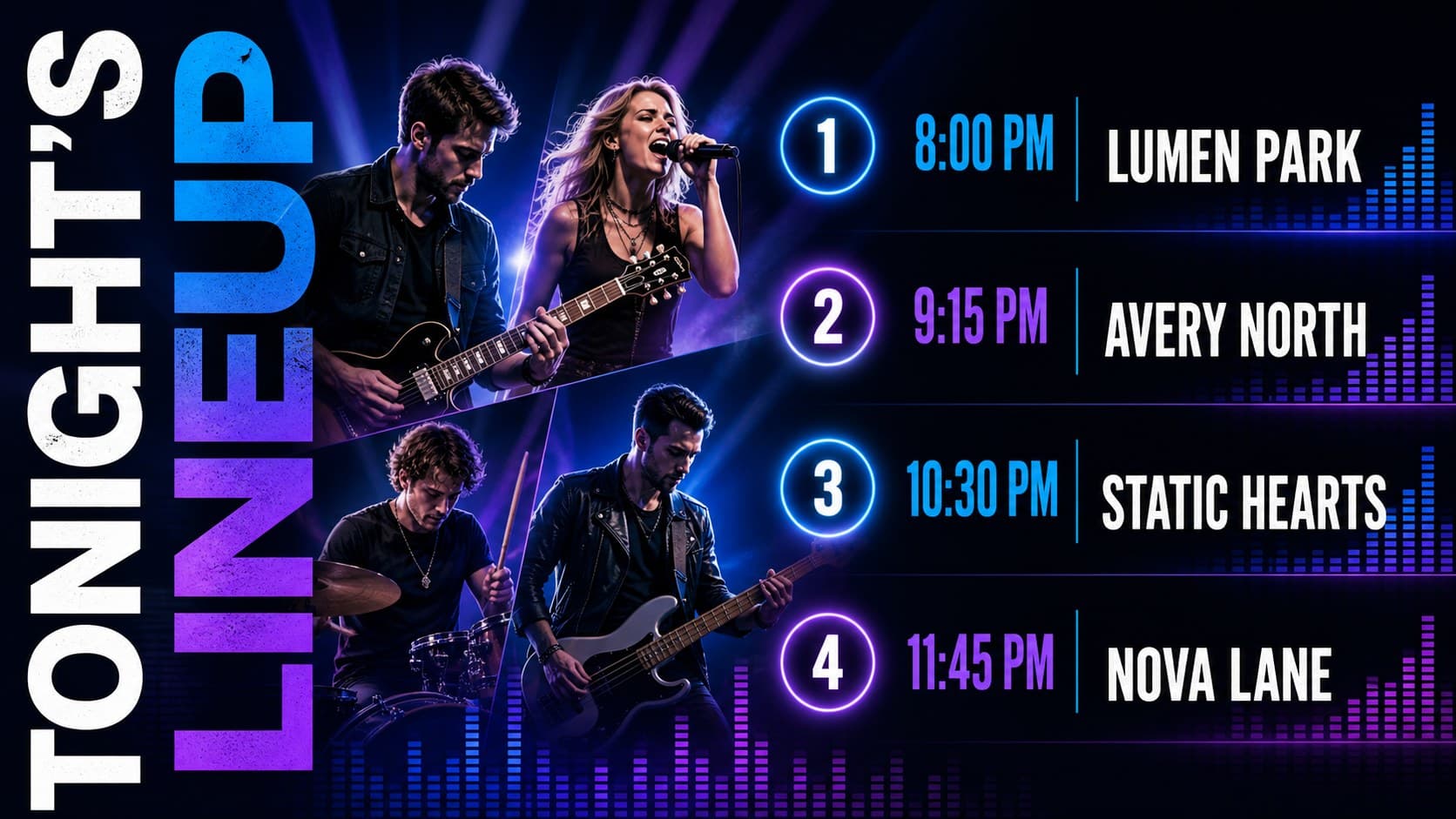 Concert lineup announcement template listing four performers in a neon blue and purple grid.