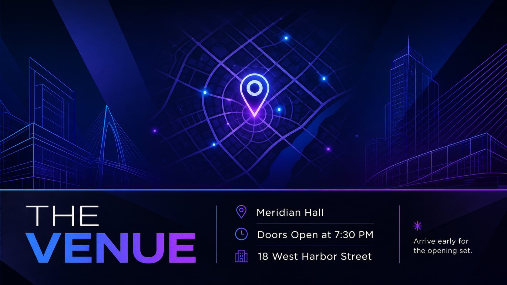Nightclub gig promotion deck slide showing venue information, opening time, and an abstract location graphic.
