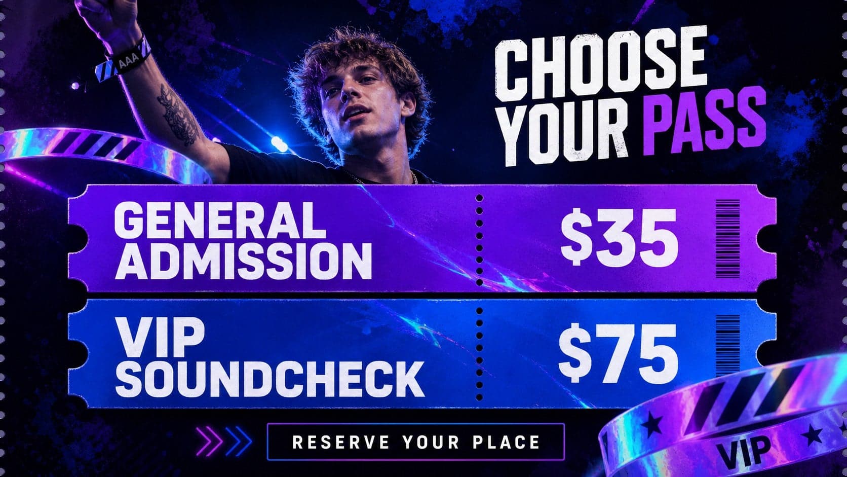 Neon event ticket slide presenting general admission and VIP options for a live concert.
