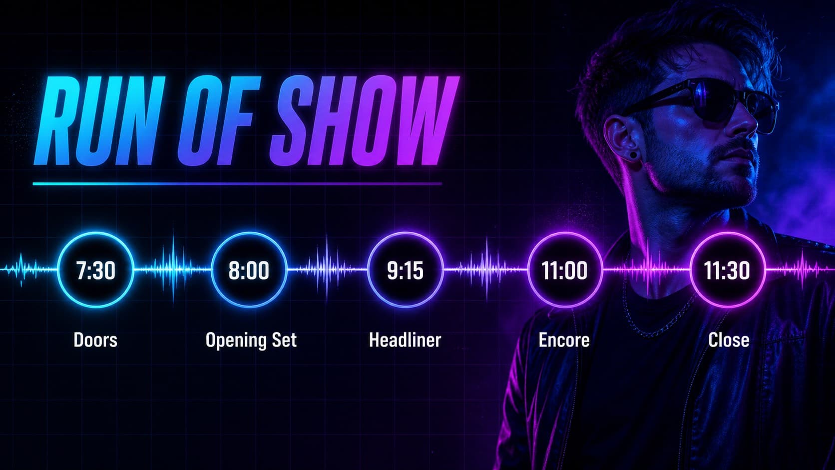 Blue and purple music festival schedule slide with a clear timeline of doors, performances, and closing time.