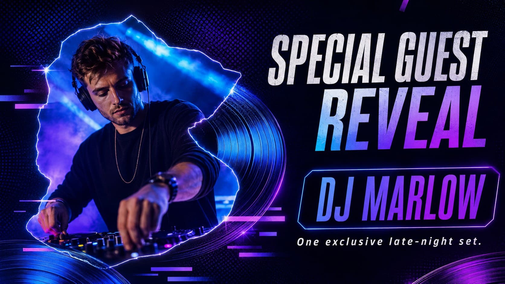 Live music guest announcement slide with an original DJ portrait framed by electric blue and purple graphics.
