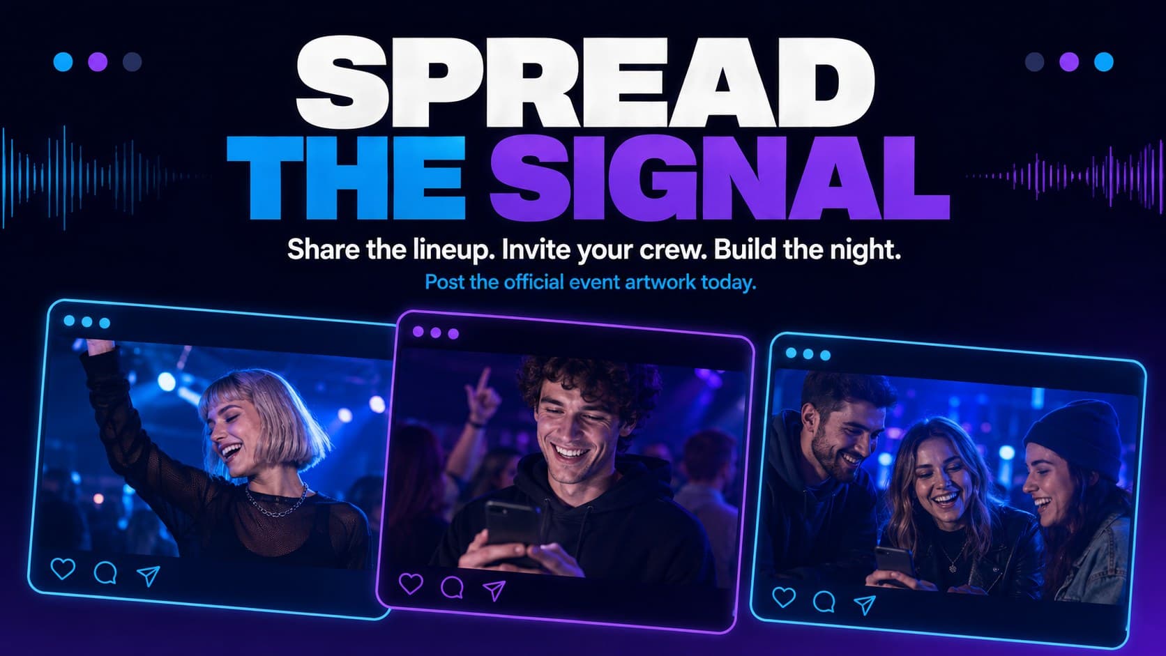 Music festival social media presentation slide encouraging fans to share the event announcement.