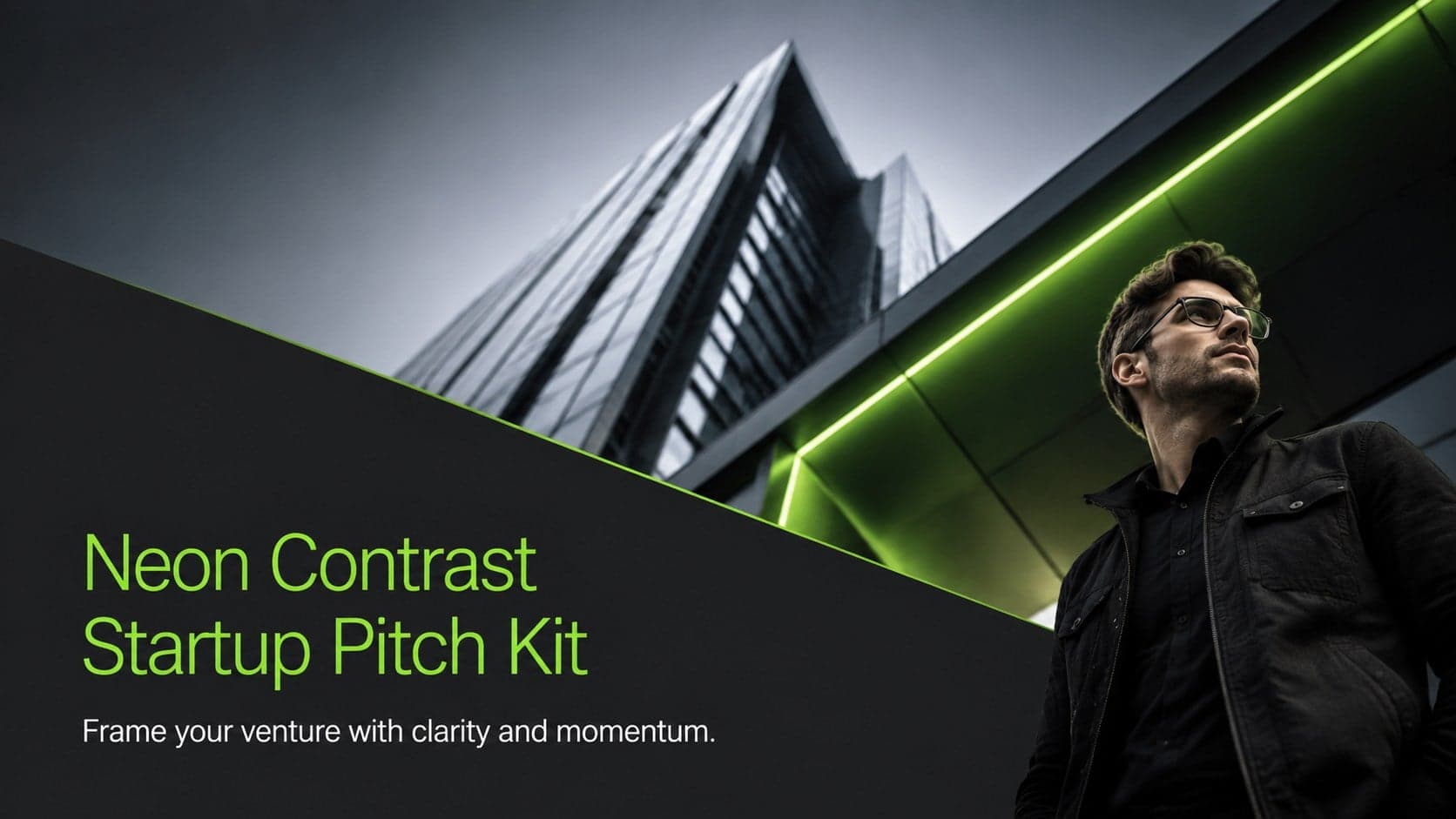 Neon Contrast Startup Pitch Kit cover with a dark photographic background, vivid green accents, and angular business graphics.
