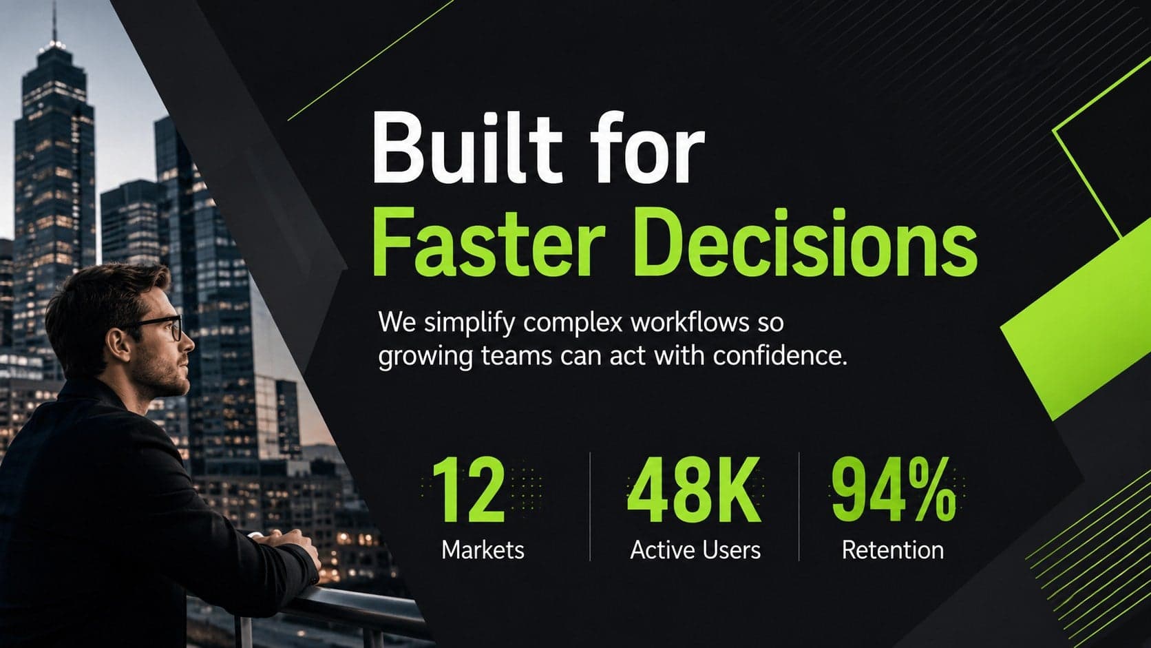 Startup company overview slide with a concise mission statement, key metrics, and bold green geometry.