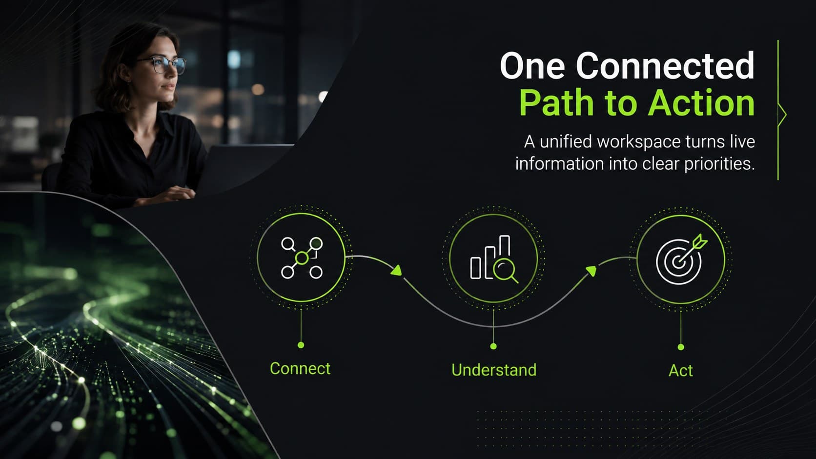 Neon green startup solution slide showing a streamlined three-step workflow on a dark background.