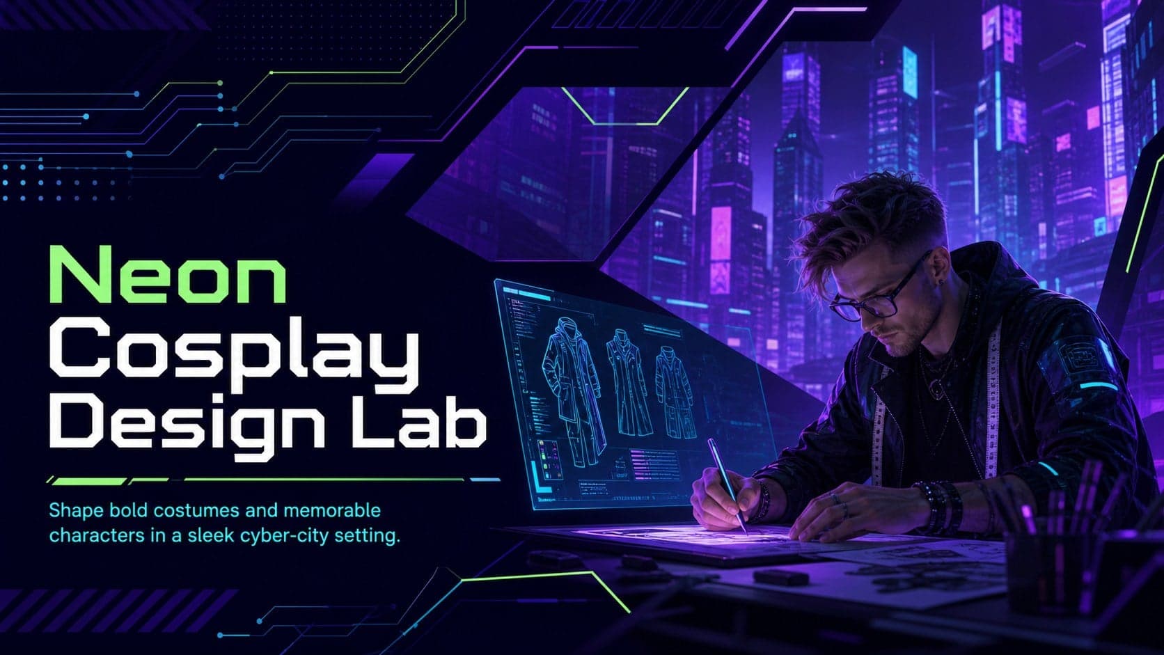 Cover of the Neon Cosplay Design Lab deck with an original futuristic costume designer against a violet, blue, and green cyber-city backdrop.
