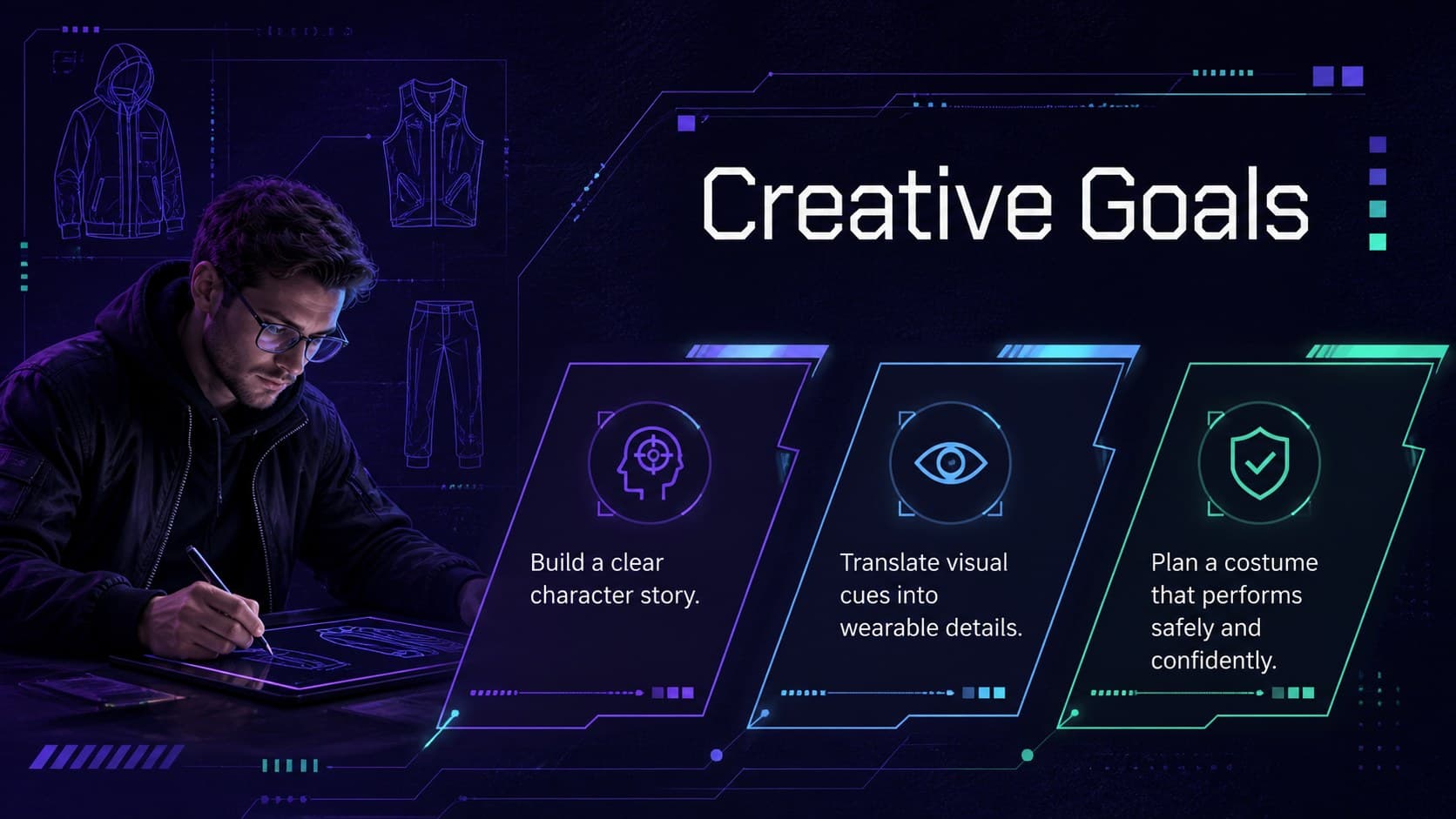 Futuristic costume workshop presentation slide displaying three creative goals in a luminous modular layout.