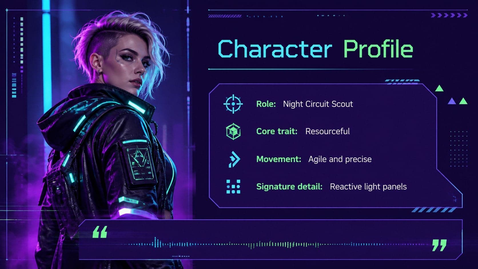 Cyberpunk cosplay planning deck slide presenting an original character profile with role, movement, and signature details.