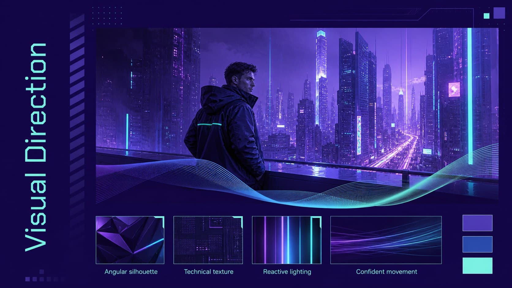 Sci-fi fashion concept deck slide showing a moodboard of silhouettes, textures, lighting, and movement.
