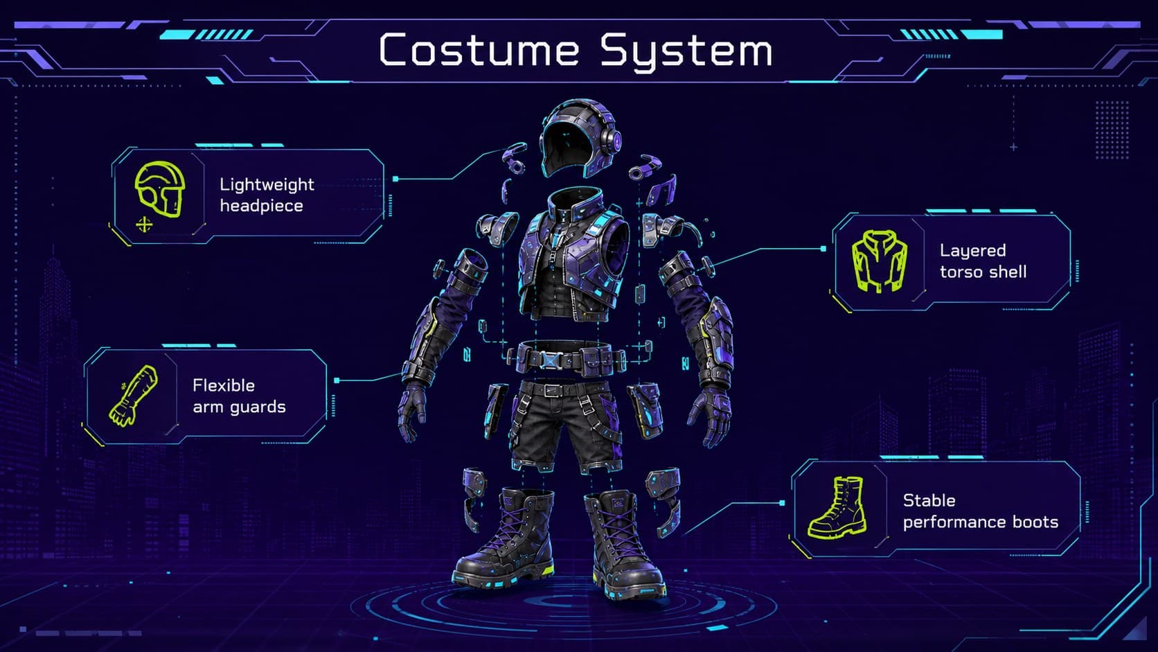 Neon costume design presentation slide breaking a futuristic outfit into helmet, torso, arm, and footwear components.