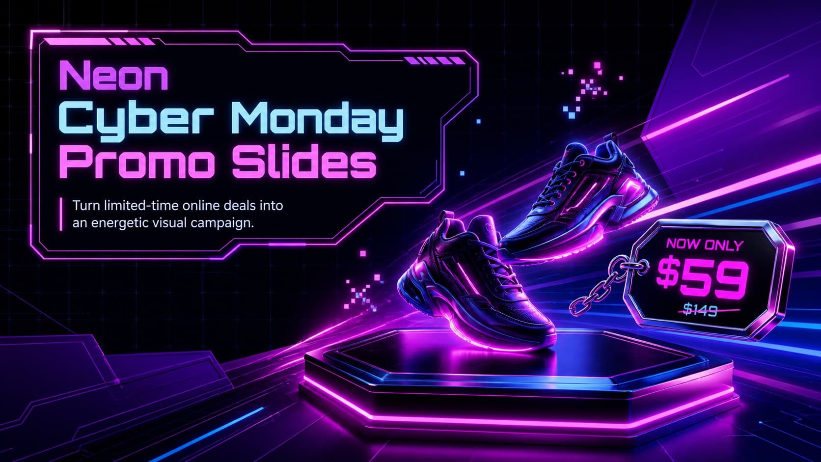 Cover for Neon Cyber Monday Promo Slides with electric purple, blue, and pink retail graphics on a black background.