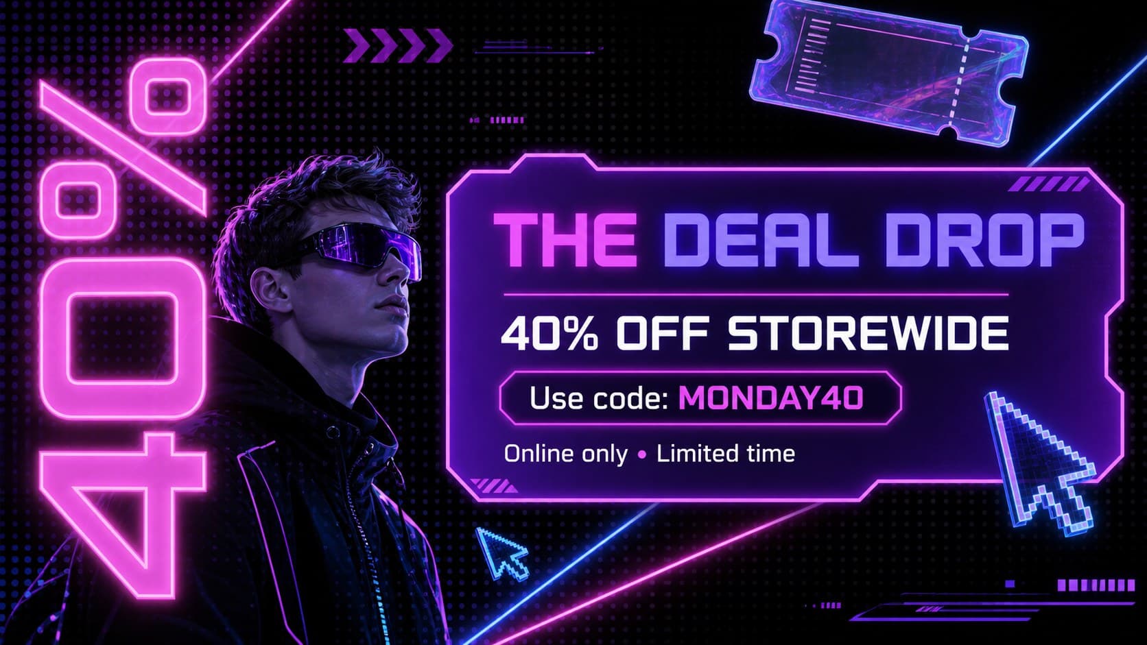 Neon Cyber Monday discount announcement slide featuring a large 40% offer and promotional code.