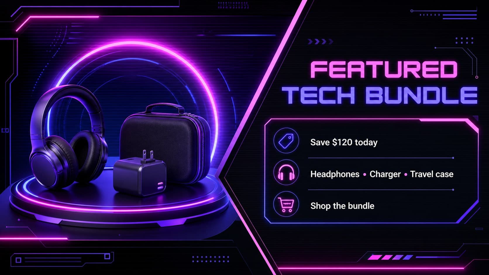 Retro-futuristic ecommerce presentation slide highlighting a featured product bundle and limited-time price.