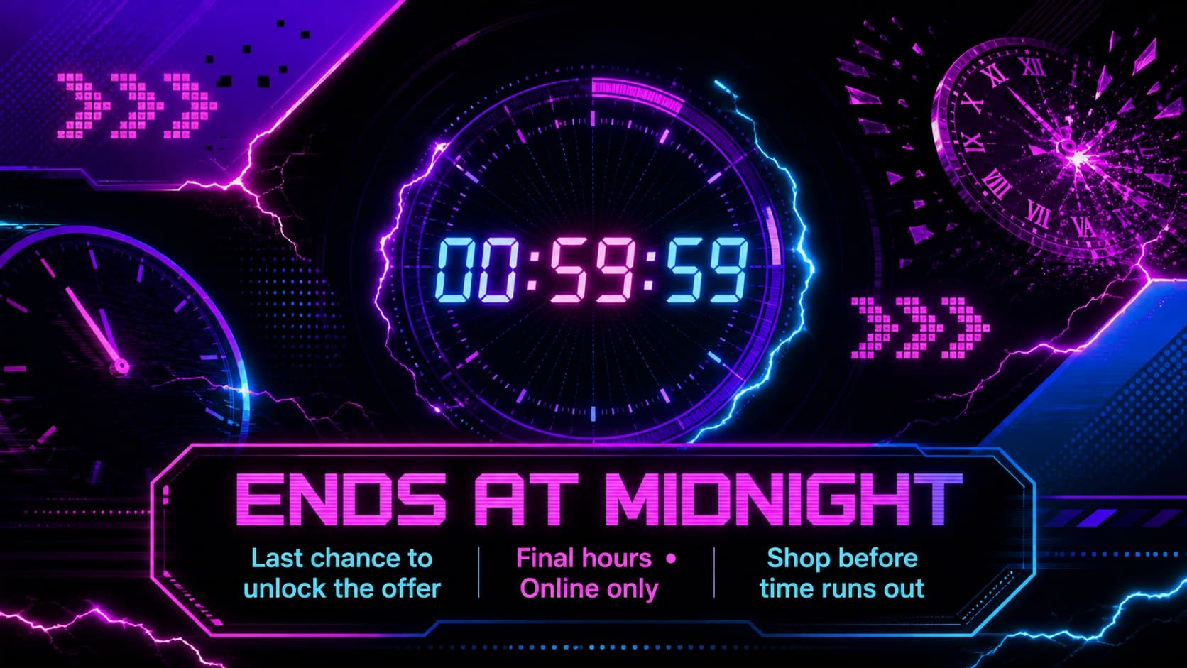 Cyber Monday promotion slide deck closing page with a midnight deadline and final shopping call to action.