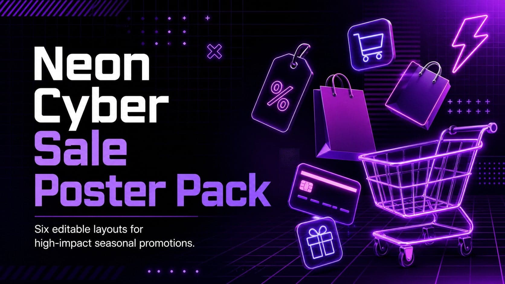 Neon Cyber Sale Poster Pack cover with purple light effects, bold promotional typography, and a dark retail campaign background.